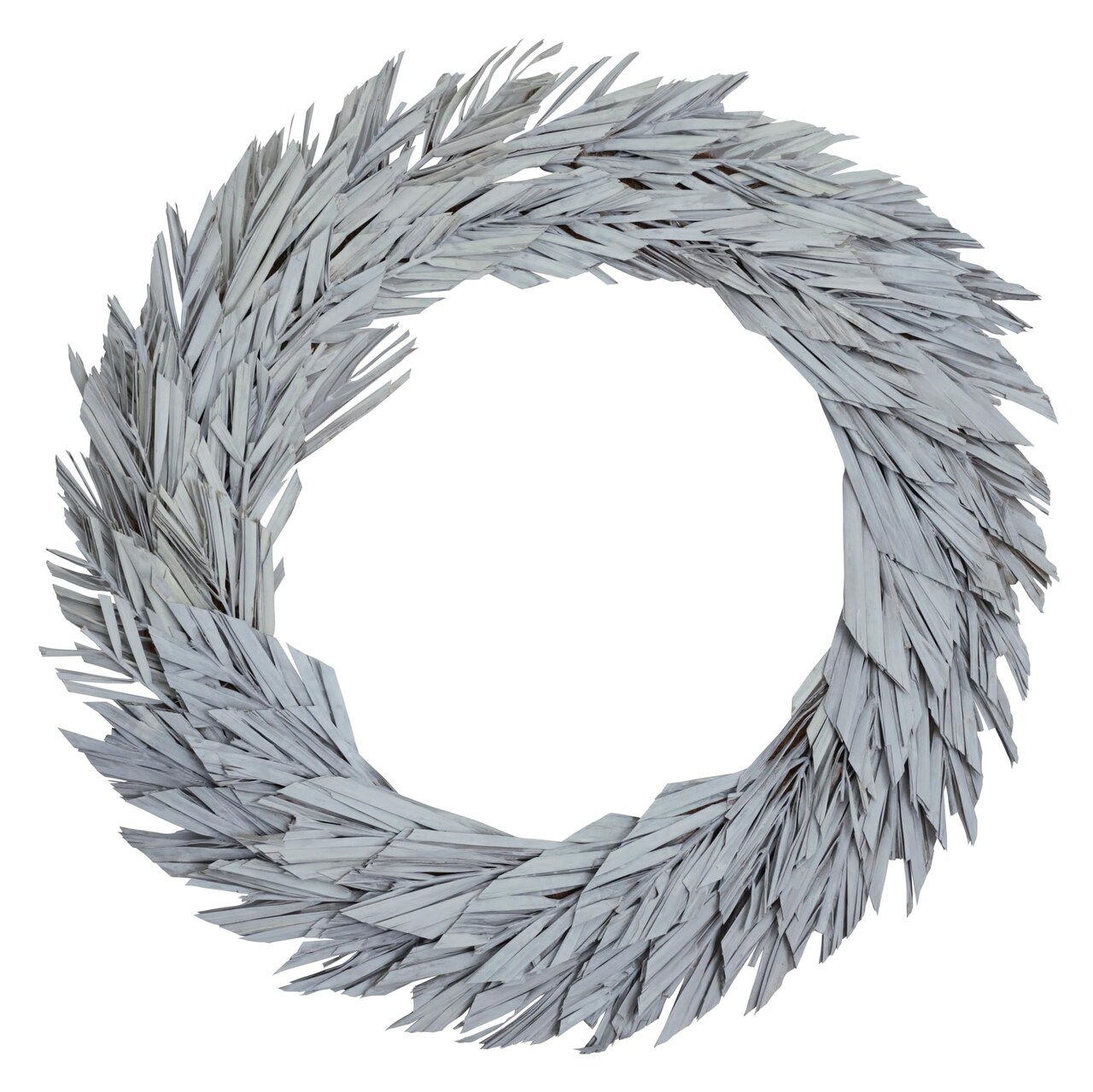 Vickerman Natural Botanicals 24" White Washed Canna Leaf Wreath. This wreath measures 24 inches in diameter. It features white washed canna leaves on a coco fiber base. This is a dried and preserved natural product.